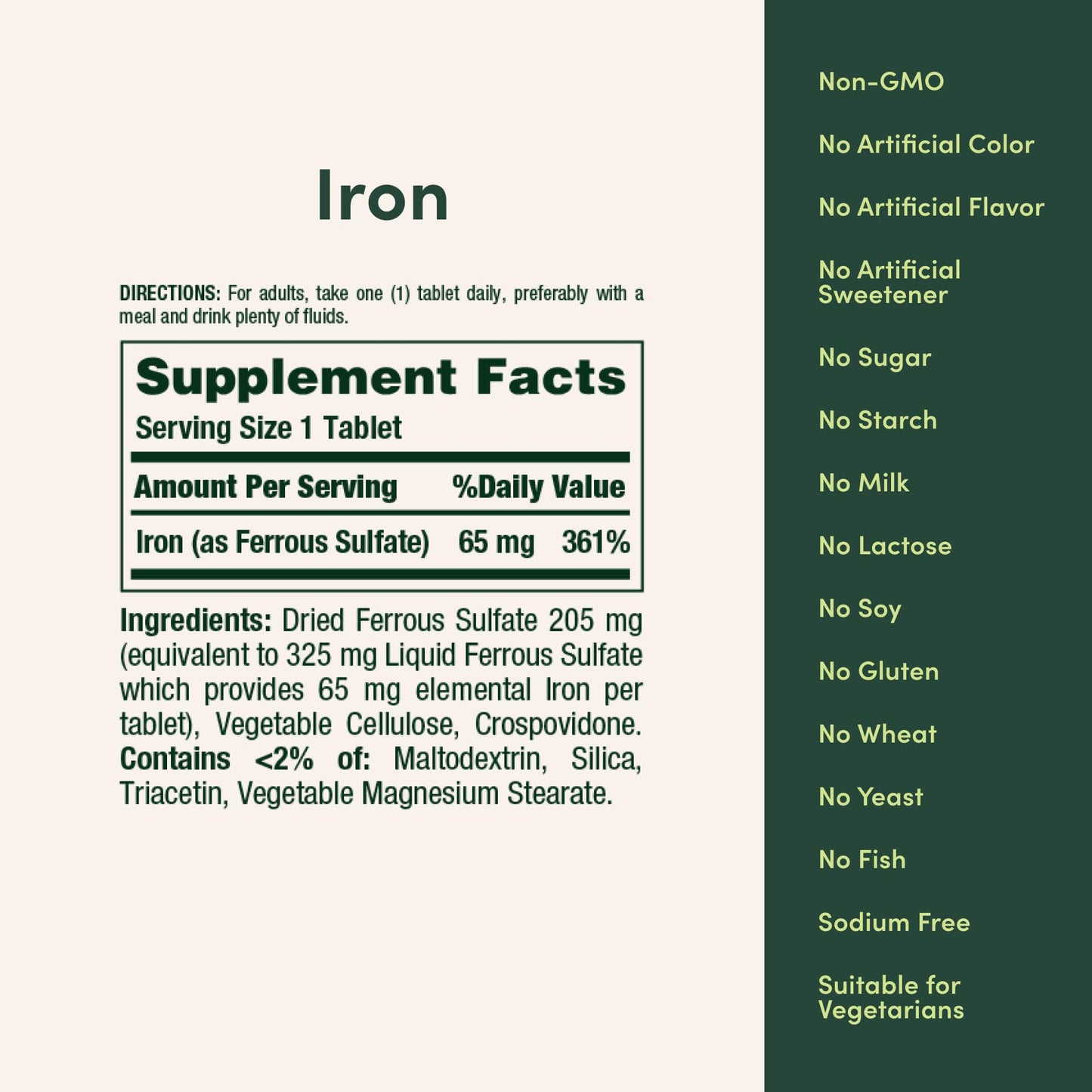 Nature's Bounty Iron 65 mg | Ferrous Sulfate 325 mg | Gluten Free, 100 Vegetarian Tablets