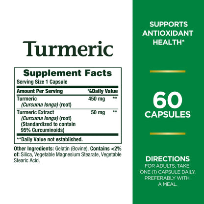 Nature's Bounty Turmeric Capsules 450 mg - 60 Count | Non-GMO & Gluten Free