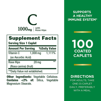 Nature's Bounty Vitamin C + Rose Hips Caplets 1000 mg | Immune Support | 100 Ct