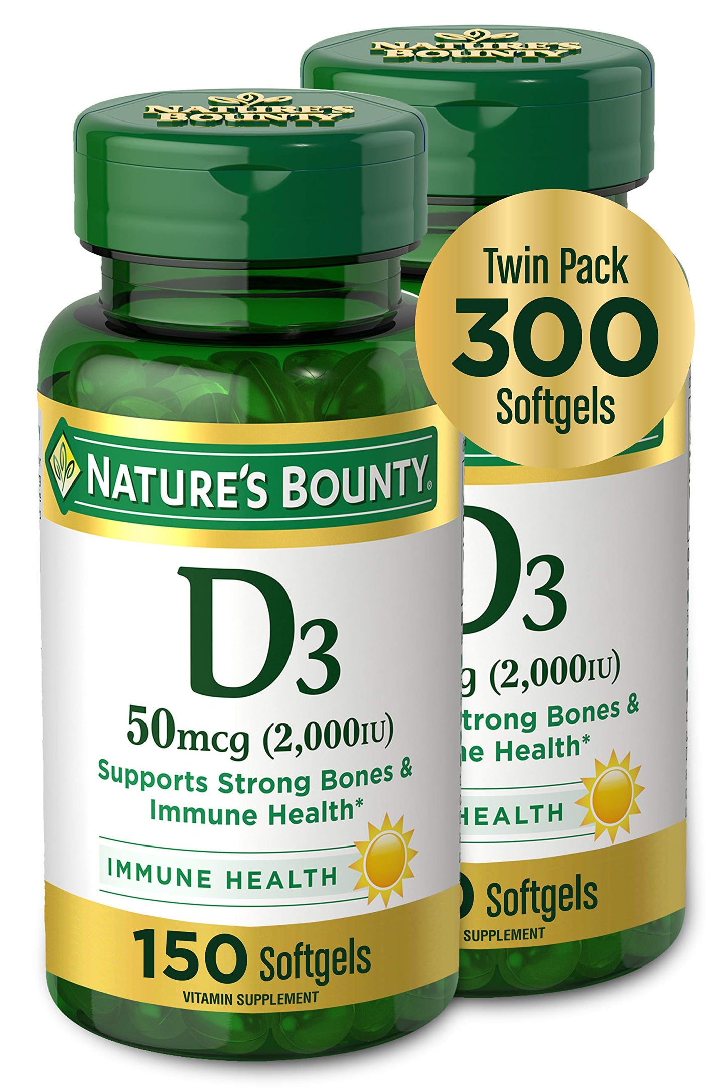Nature's Bounty Vitamin D3 50 mcg – 150 Softgels (Pack of 2) | Immune & Bone Support