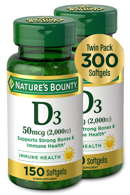 Nature's Bounty Vitamin D3 50 mcg – 150 Softgels (Pack of 2) | Immune & Bone Support