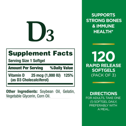Nature's Bounty Vitamin D3 1000IU Softgels - Immune Support & Bone Health, 360-Count Tri-Pack