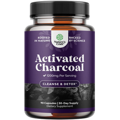 Natures Craft Activated Charcoal Pills – 1200mg Detox & Bloating Relief (90 Count)