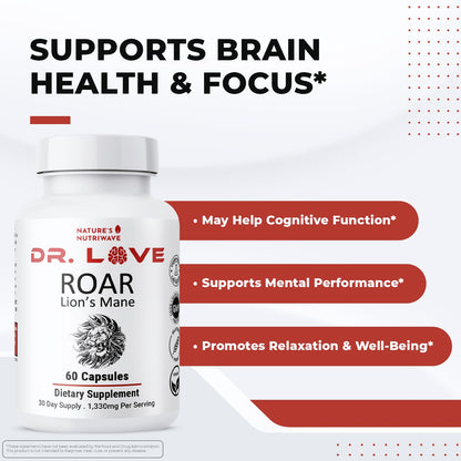 Nature’s NutriWave Dr. Love Roar Lion’s Mane Mushroom Supplement – Plant-Based Formula with Cordyceps, Reishi & Shiitake | Vegan, Gluten-Free, GMP Certified, Made in USA – 60 Capsules