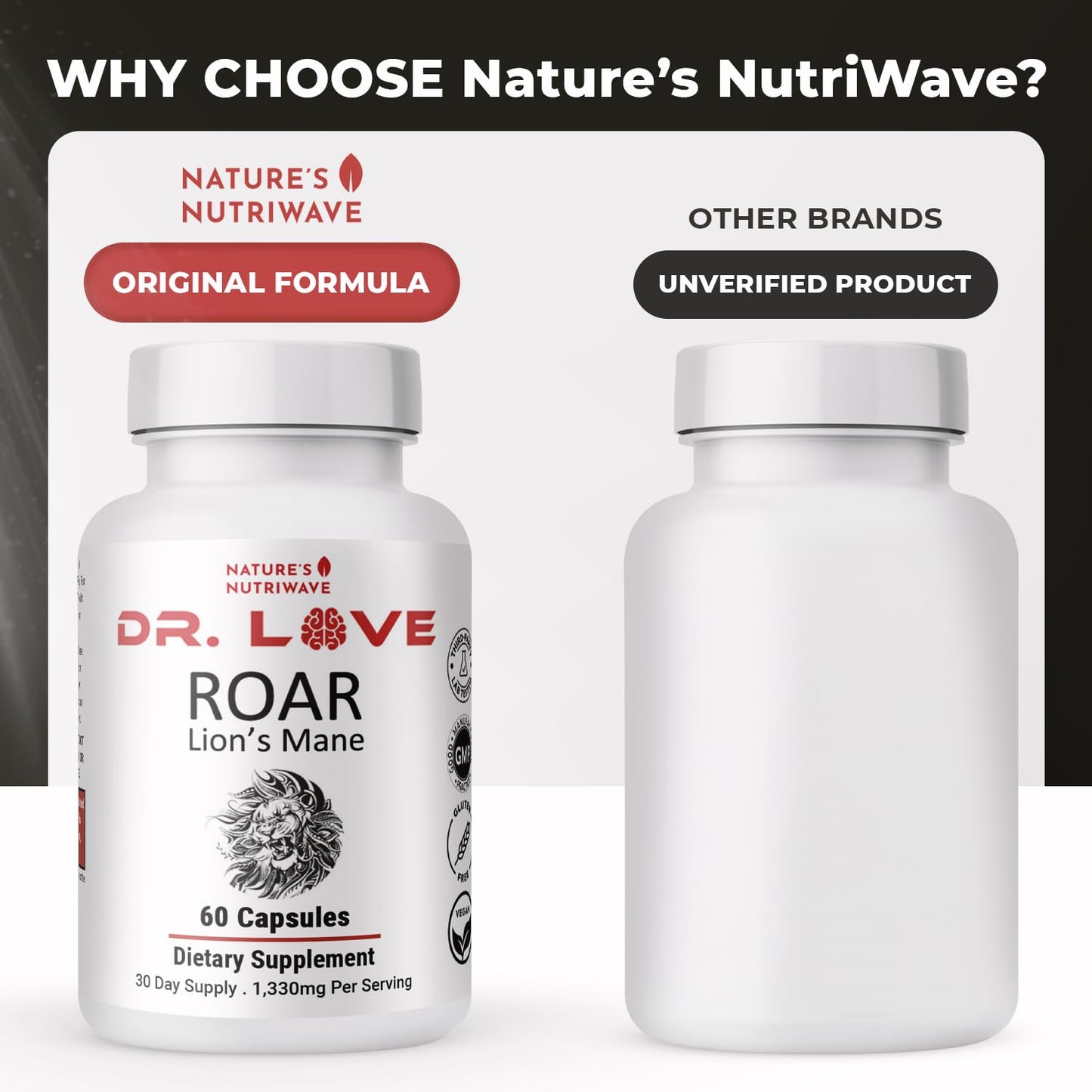 Nature’s NutriWave Dr. Love Roar Lion’s Mane Mushroom Supplement – Plant-Based Formula with Cordyceps, Reishi & Shiitake | Vegan, Gluten-Free, GMP Certified, Made in USA – 60 Capsules