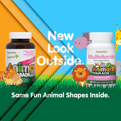 Natures Plus Animal Parade Children's Multivitamin - Watermelon, 180 Animal-Shaped Chewables (90 Servings) | Vegan & Gluten Free