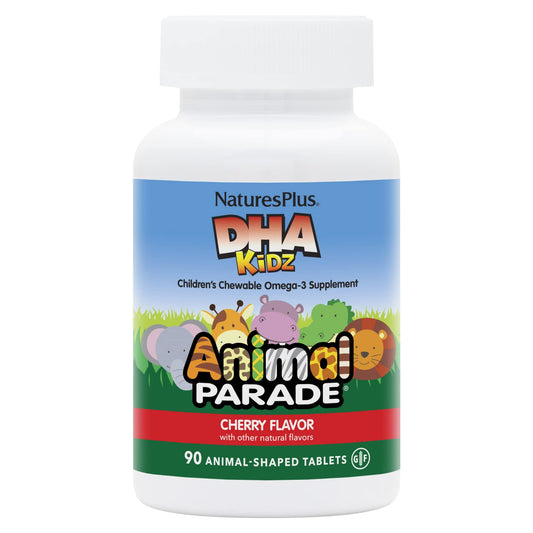 Nature's Plus Animal Parade DHA للأطفال قابلة للمضغ – بنكهة الكرز، 90 قرصًا على شكل حيوانات | خالي من الجلوتين