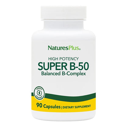 Natures Plus Super B50-90 Vegetarian Capsules – High Potency B Complex Vitamin Supplement | Brain & Energy Support | Gluten-Free | 90 Servings