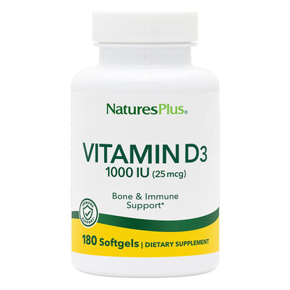 Nature's Plus Vitamin D3 1000 IU (Cholecalciferol) – 180 Softgels | Immune & Bone Health
