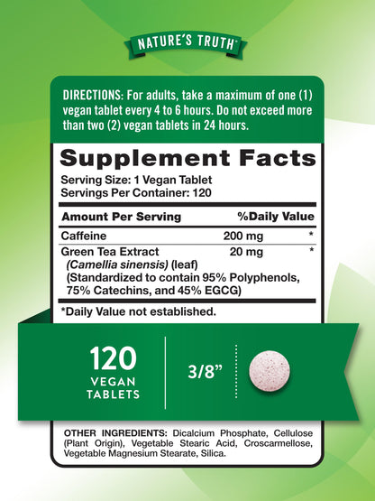 Nature's Truth Caffeine Pills 220mg | 120 Count | Green Tea Extract | Vegan, Non-GMO, Gluten Free