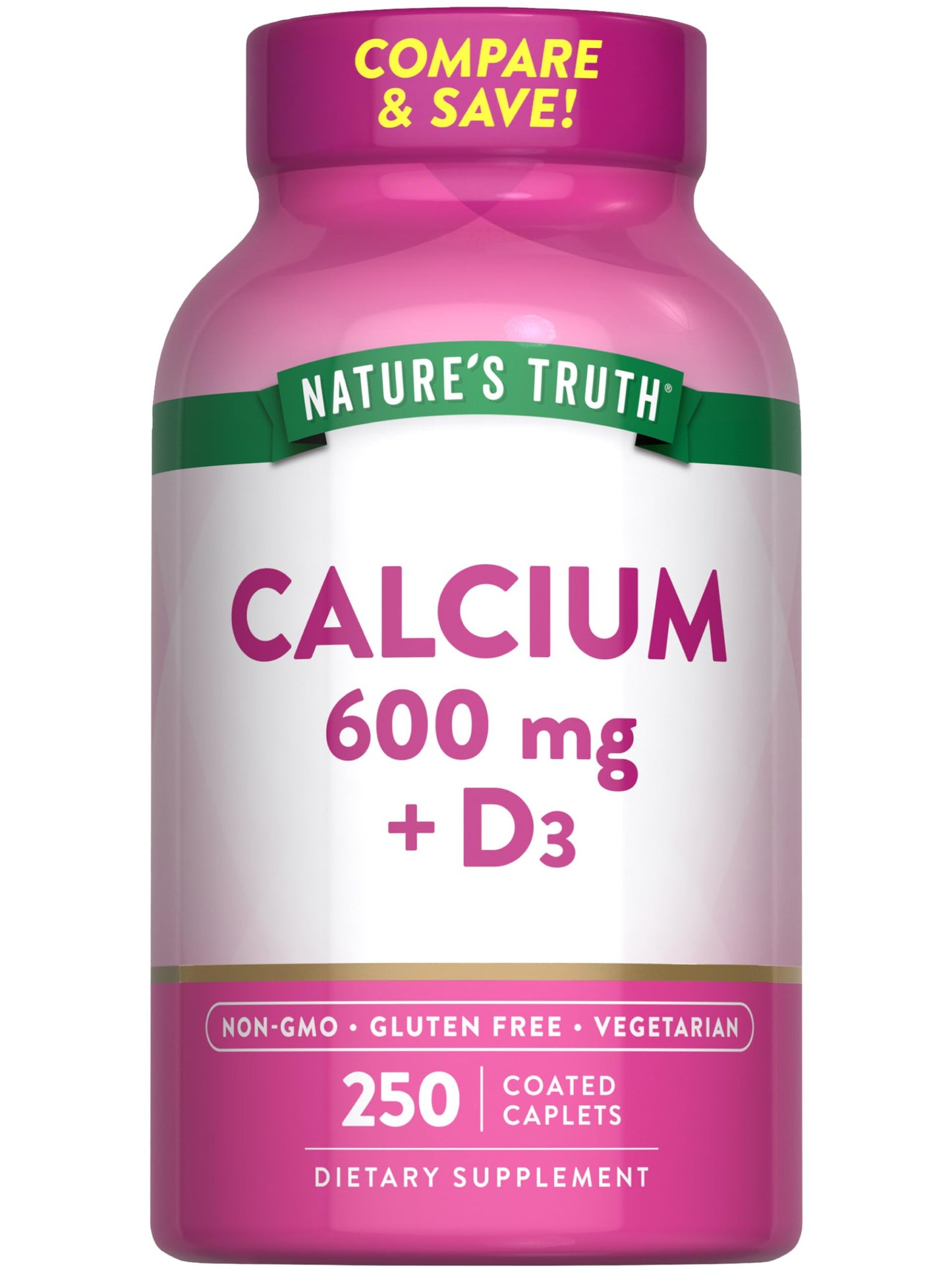 Nature's Truth Calcium 600mg with Vitamin D3 | 250 Caplets | Calcium Carbonate | Vegetarian, Non-GMO & Gluten Free