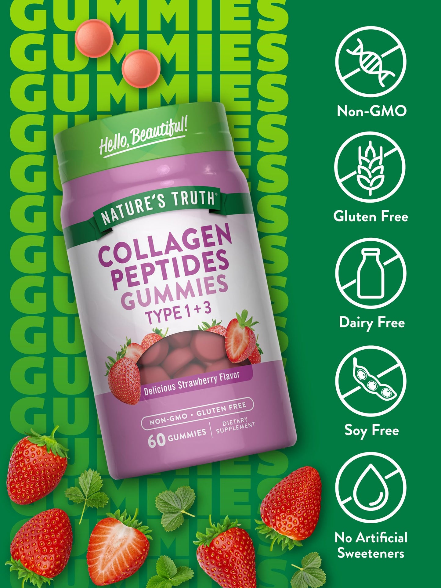 Nature's Truth Collagen Peptide Gummies for Women - Type 1 & 3, 60 Count, Strawberry, Non-GMO & Gluten Free