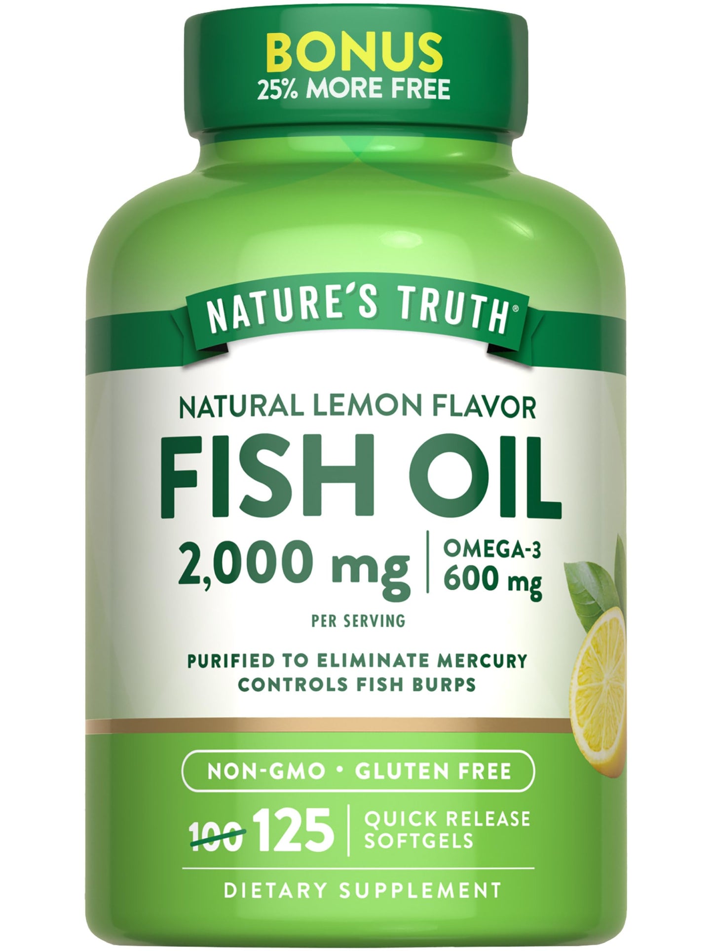Nature's Truth Omega-3 Fish Oil 2000 mg | 125 Softgels | Lemon | Non-GMO & Gluten Free