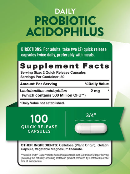 Nature's Truth Probiotics for Men and Women | 500 Million CFU | 100 Capsules | Non-GMO & Gluten Free Supplement