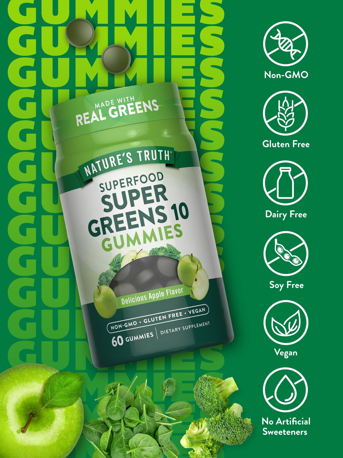 Nature's Truth Super Greens Gummies – 60 Count, Apple Flavor, Vegan, Non-GMO & Gluten Free
