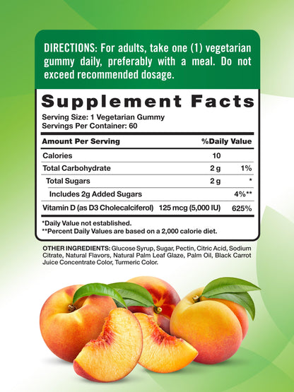 Nature's Truth Vitamin D3 Gummies 5000 IU Peach Flavor – Vegetarian, Non-GMO, Gluten Free | 60 Count