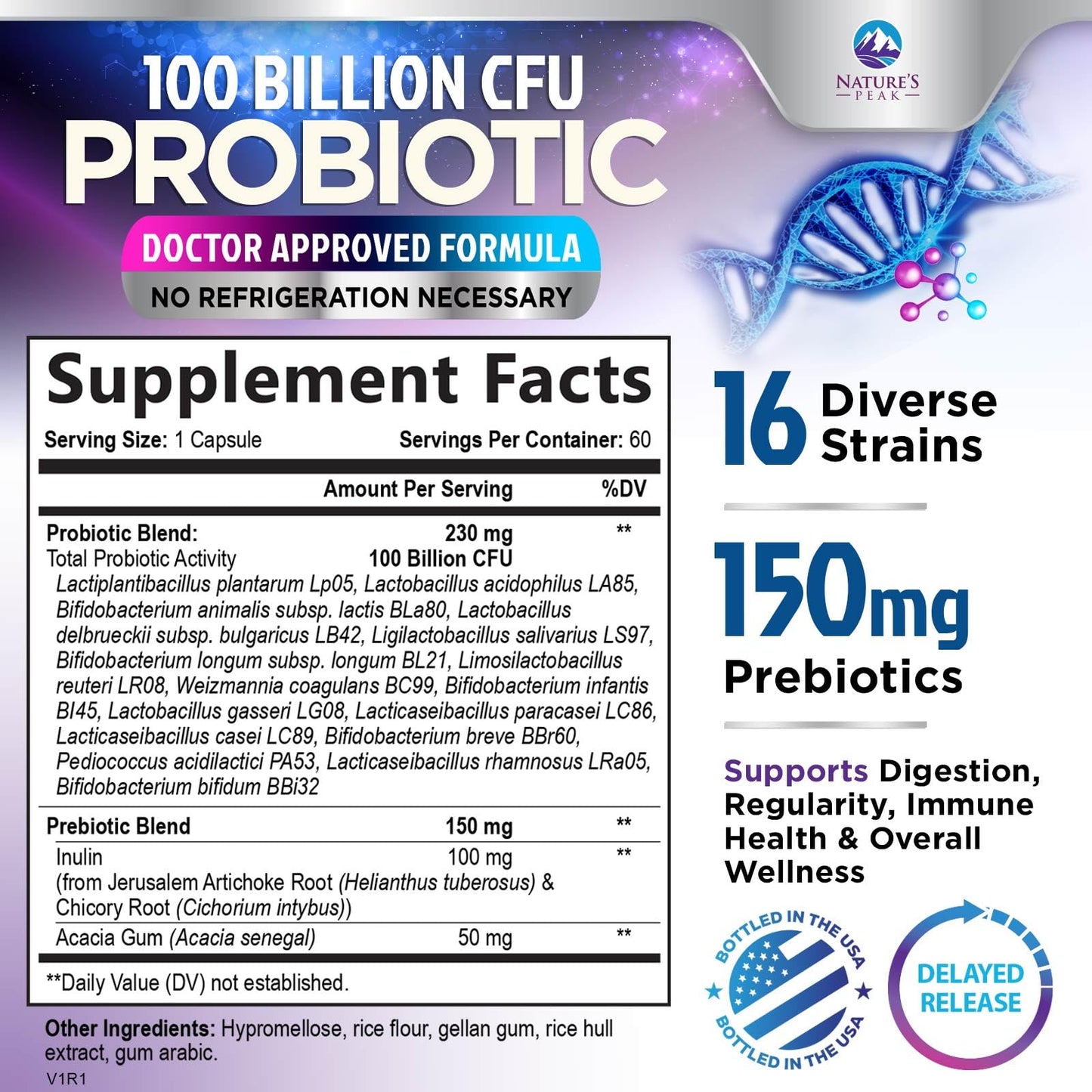 Nature's Peak Probiotics - 100 Billion CFU - 16 Strains + Prebiotics - Best Probiotic Supplement for Women & Men - Supports Immune, Digestive Health, Occasional Constipation & Gas - 60 Capsules