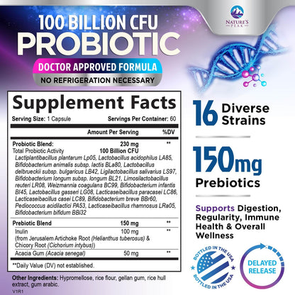 Nature's Peak Probiotics - 100 Billion CFU - 16 Strains + Prebiotics - Best Probiotic Supplement for Women & Men - Supports Immune, Digestive Health, Occasional Constipation & Gas - 60 Capsules