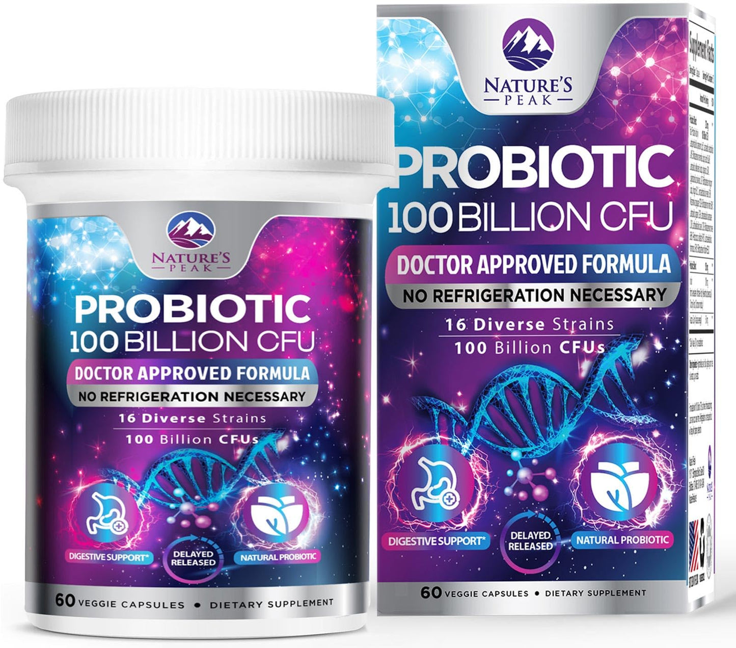 Nature's Peak Probiotics - 100 Billion CFU - 16 Strains + Prebiotics - Best Probiotic Supplement for Women & Men - Supports Immune, Digestive Health, Occasional Constipation & Gas - 60 Capsules