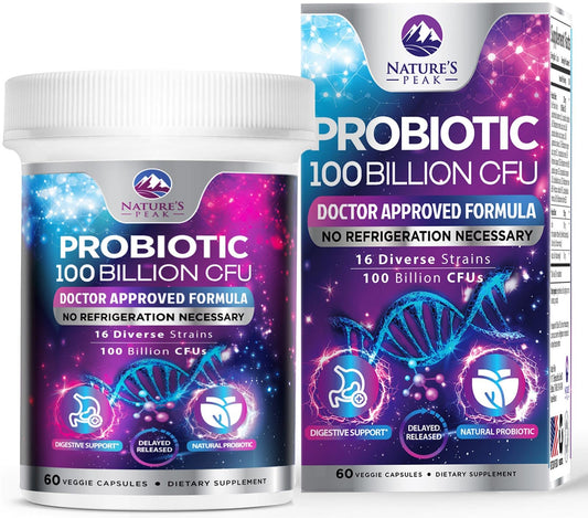 Nature's Peak Probiotics - 100 Billion CFU - 16 Strains + Prebiotics - Best Probiotic Supplement for Women & Men - Supports Immune, Digestive Health, Occasional Constipation & Gas - 60 Capsules