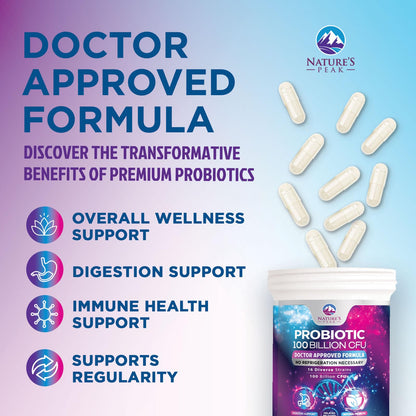 Nature's Peak Probiotics - 100 Billion CFU - 16 Strains + Prebiotics - Best Probiotic Supplement for Women & Men - Supports Immune, Digestive Health, Occasional Constipation & Gas - 60 Capsules
