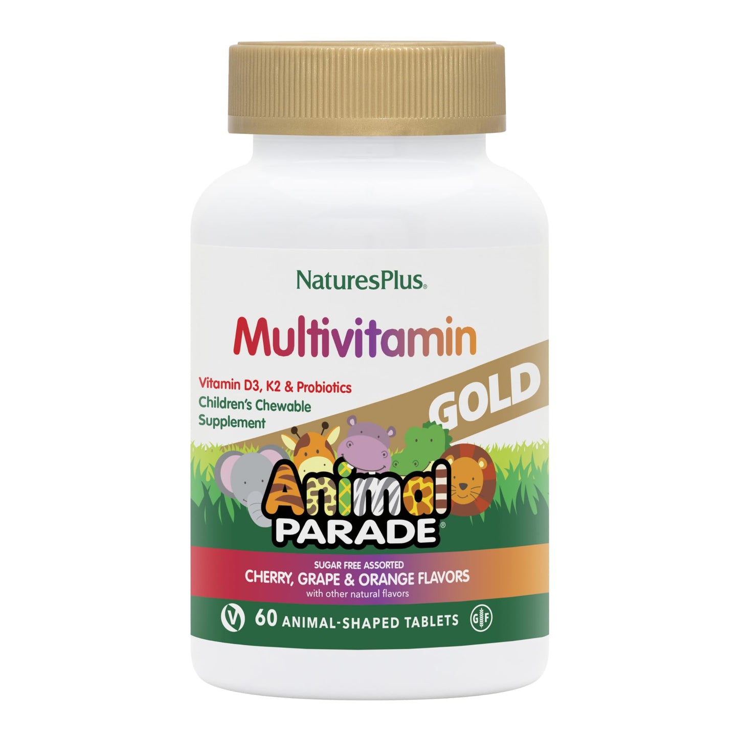Natures Plus Animal Parade Source of Life Gold Children's Multivitamin - Cherry, Orange & Grape, 60 Chewables, Vegetarian & Gluten-Free