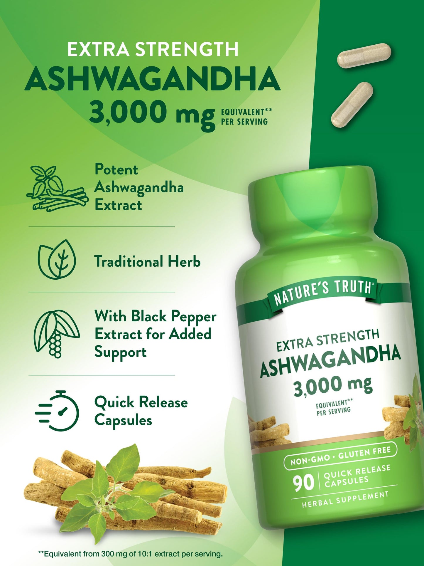 Nature's Truth Ashwagandha Capsules 3000mg – 90 Count | Extra Strength | Non-GMO & Gluten Free