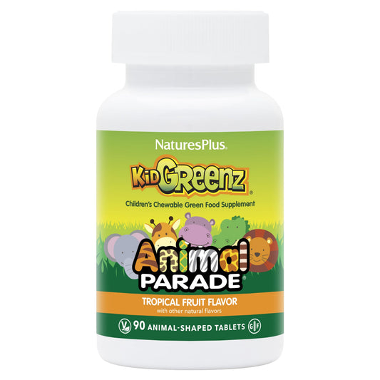 NaturesPlus Animal Parade KidGreenz – أقراص استحلاب بنكهة الفاكهة الاستوائية (90 × 2) 180 حصة، نباتي وخالي من الجلوتين