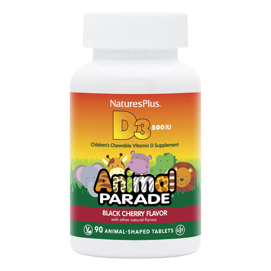 NaturesPlus Animal Parade فيتامين د3 للأطفال - 500 وحدة دولية، خالٍ من الغلوتين، نباتي، بنكهة الكرز الأسود - 180 حصة (2 × 90)