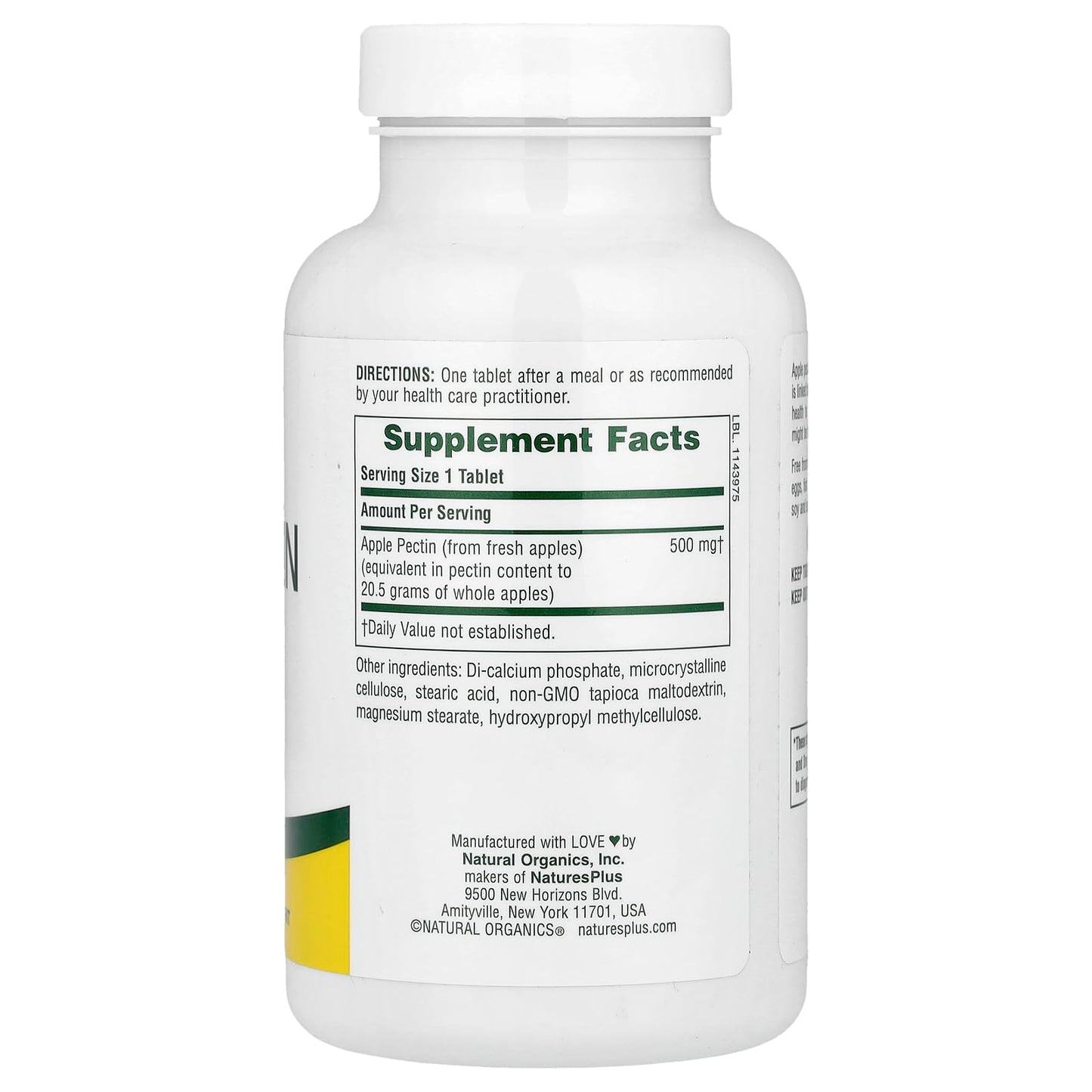 NaturesPlus Apple Pectin 500 mg | 180 Tablets – Natural Fiber Supplement | Vegetarian, Gluten Free