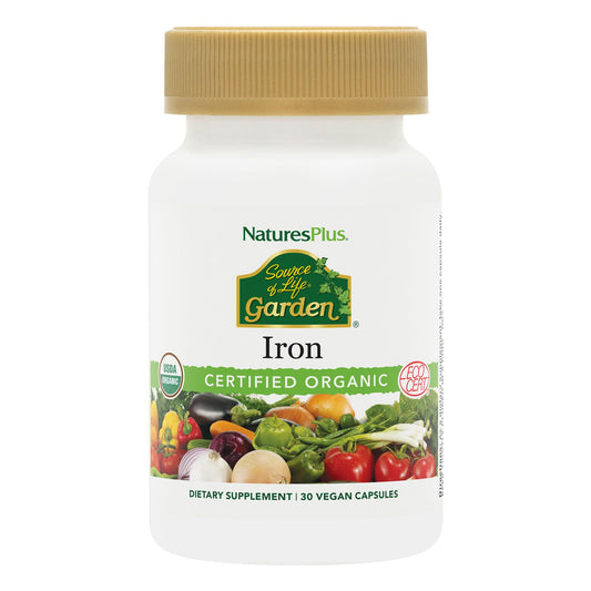 NaturesPlus Source of Life Garden Organic Iron 18 mg – 30 كبسولة نباتية