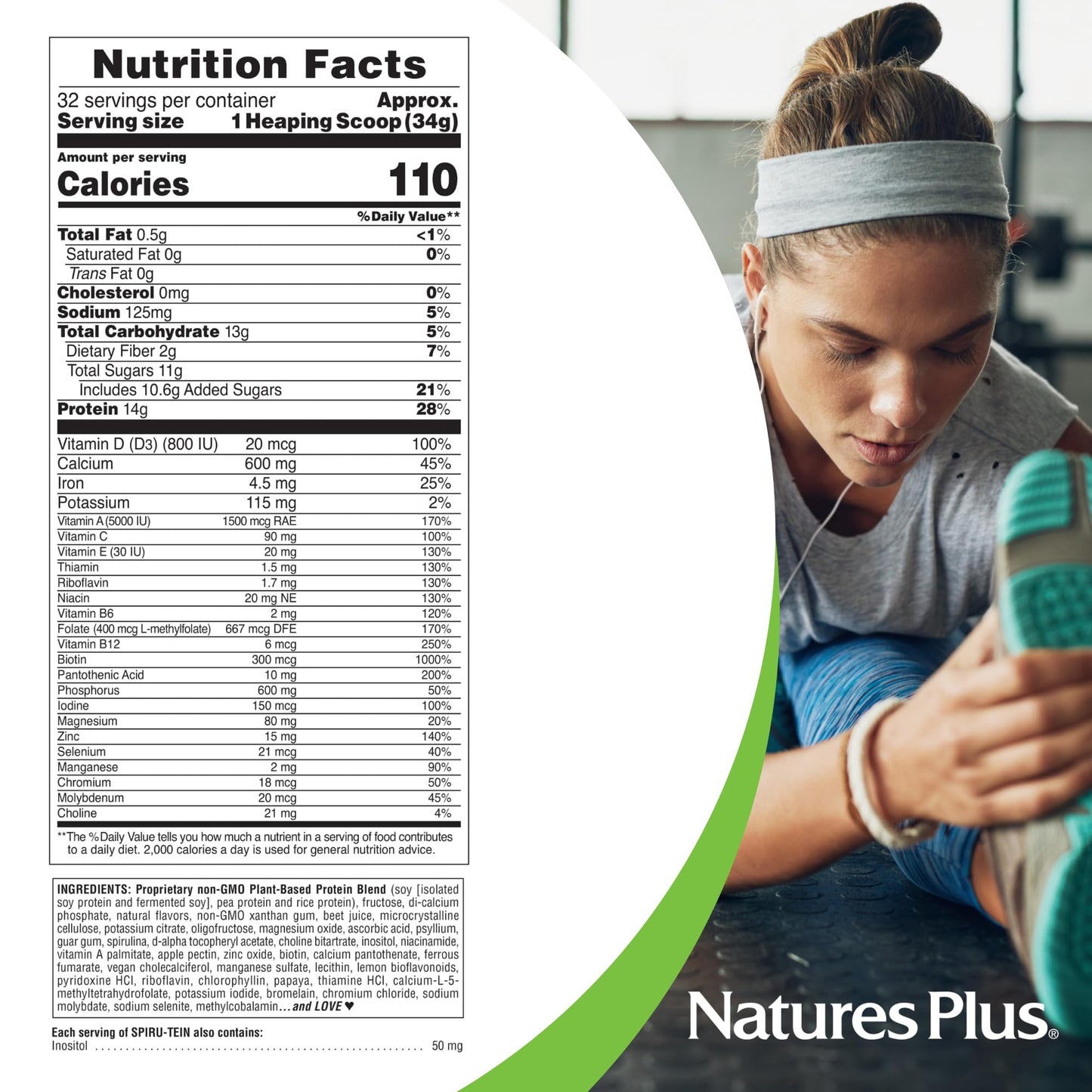 NaturesPlus SPIRU-TEIN Strawberry Protein Shake – 64 Servings, Plant-Based & Gluten Free