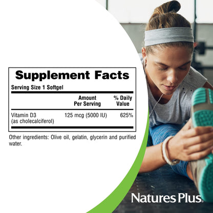 NaturesPlus Vitamin D3 5000 IU (Cholecalciferol) – 60 Softgels | Bone & Immune Support | Gluten-Free