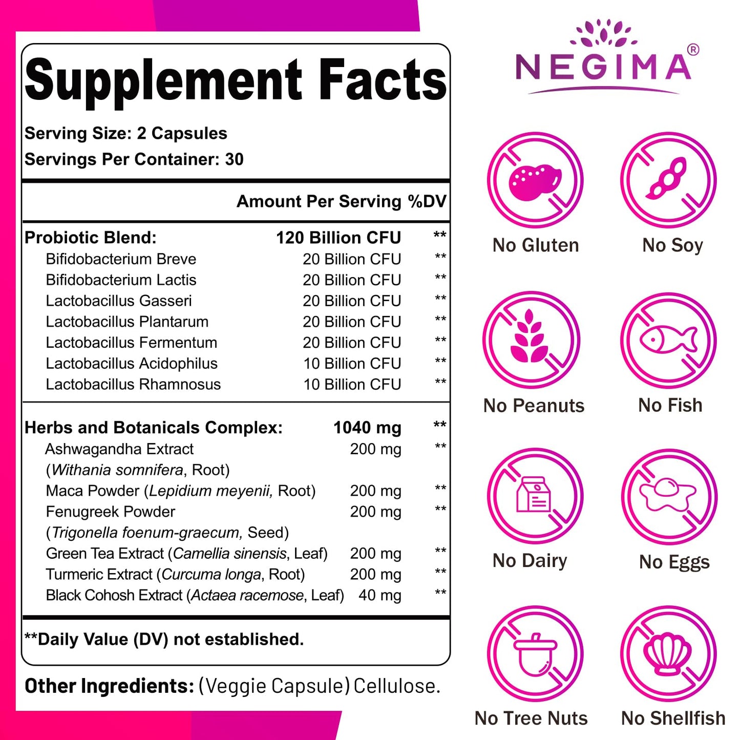 Negima Menopause Probiotics 120B CFUs - 13-in-1 Herbs & Botanicals - 60 Caps