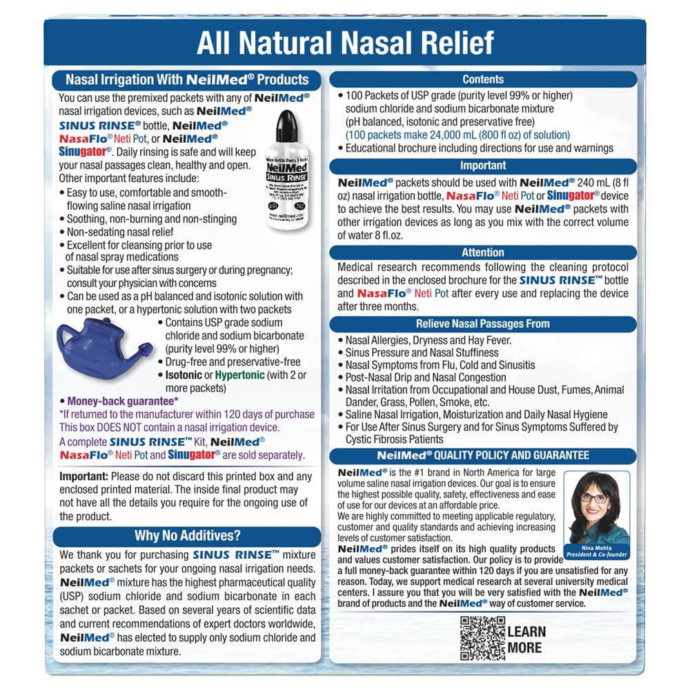 NeilMed Sinus Rinse Premixed Packets 100 Count – Isotonic & Hypertonic Saline Solutions