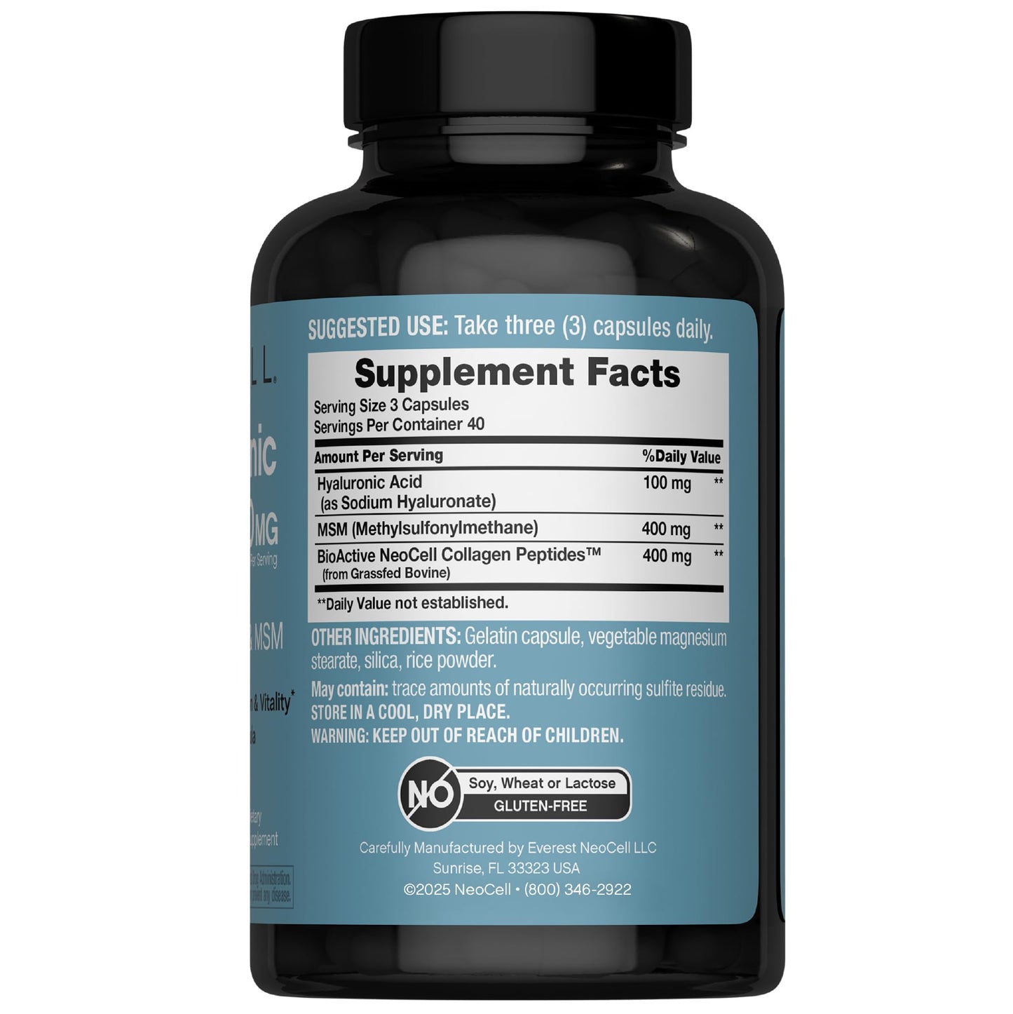 NeoCell Hyaluronic Acid Complex 900mg – 120 Capsules | BioActive Collagen Peptides & MSM