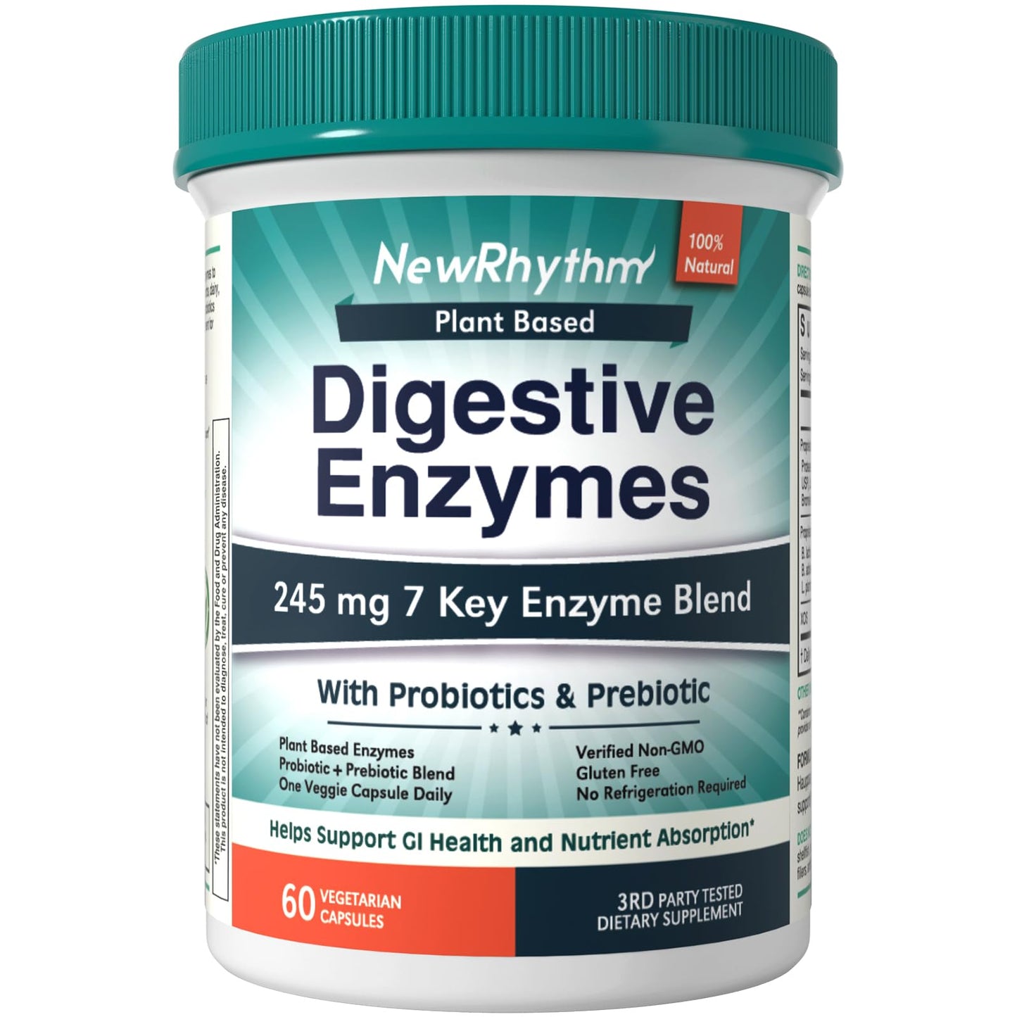 NewRhythm Digestive Enzymes 245 mg with Probiotics & Prebiotics - Plant Based, 7 Key Enzymes, 60 Vegan Capsules