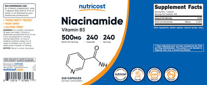 Nutricost Niacinamide 500mg (Vitamin B3) – 240 Capsules | Non-GMO, Gluten Free, Flush Free