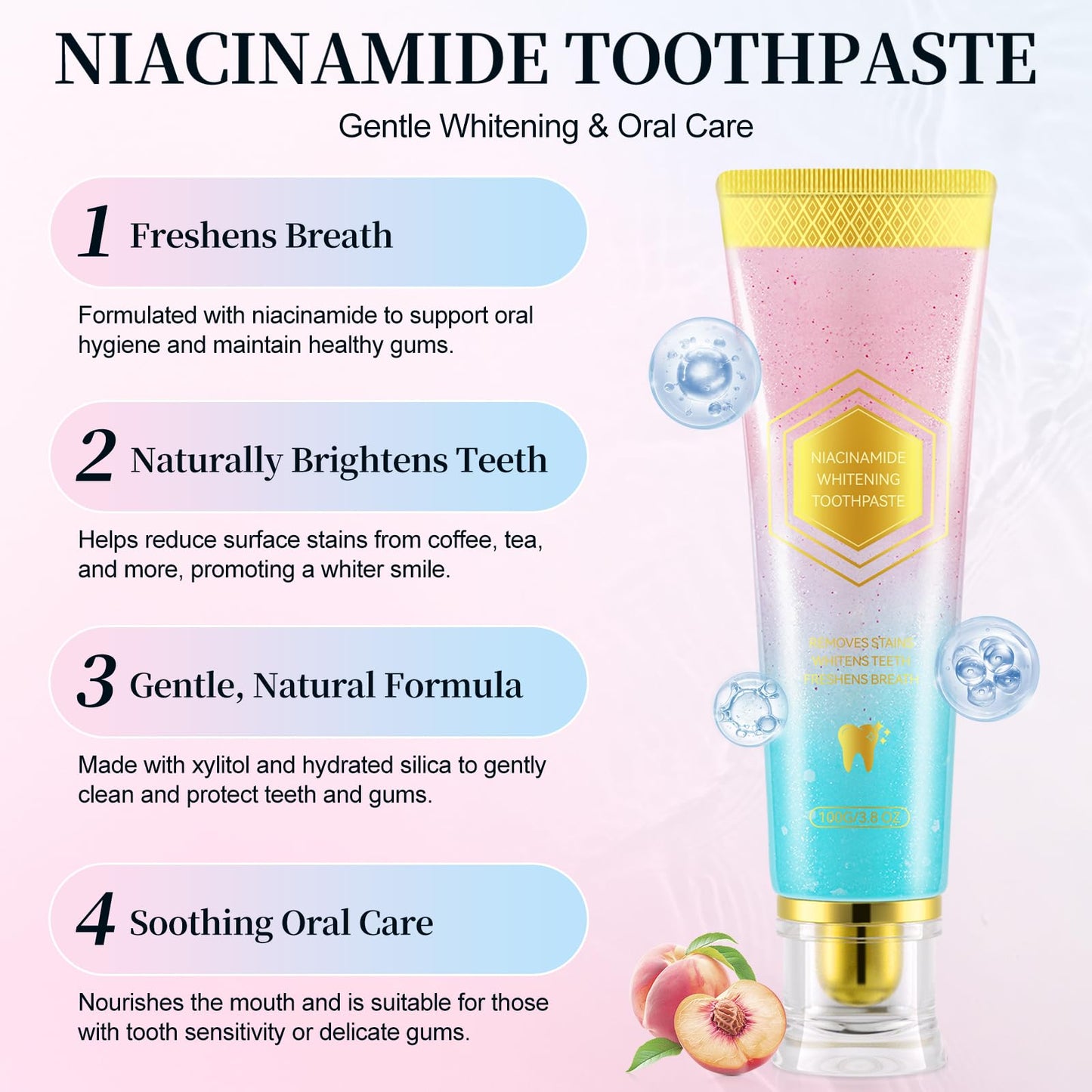 Niacinamide Whitening Toothpaste – Mint & Peach, 3.53oz (2-Pack)