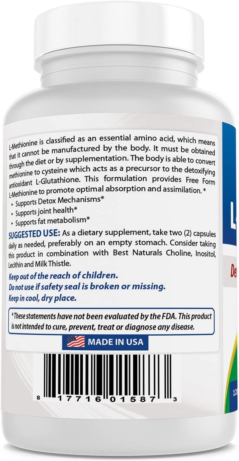 Best Naturals L-Methionine 500 mg - 120 Vegetarian Capsules | Non-GMO, Gluten-Free