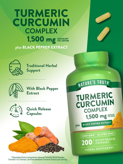 Nature’s Truth Turmeric Curcumin Complex 1500mg – 200 Capsules with Black Pepper