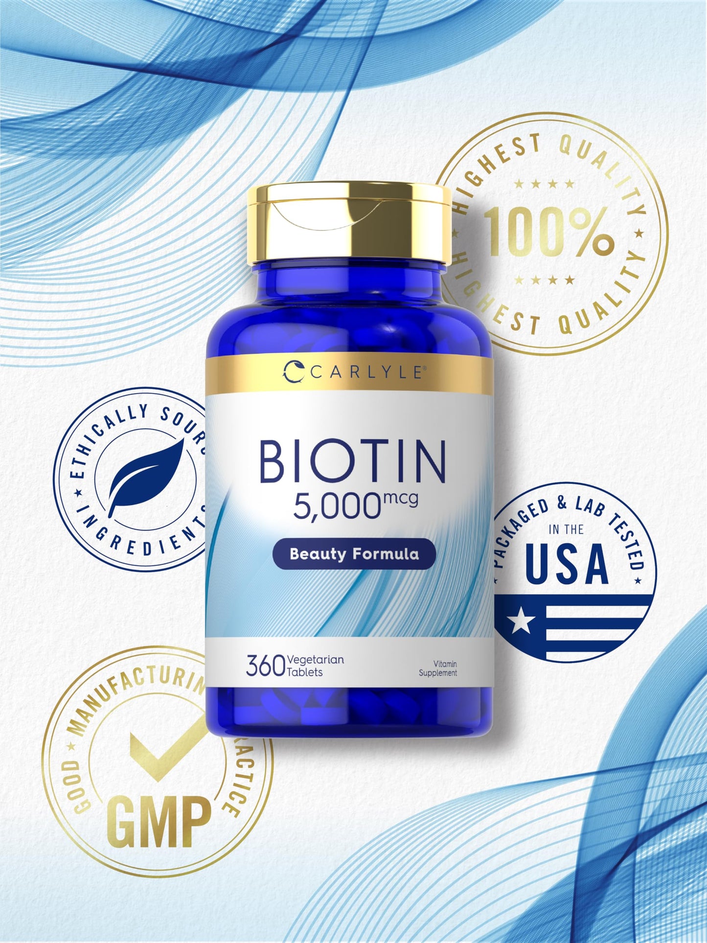 Carlyle Biotin 5000 mcg – 360 Vegetarian Tablets | Non-GMO, Gluten-Free