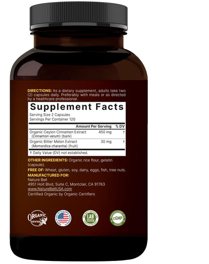 NatureBell Ceylon Cinnamon Per Serving - 240 Capsules | Organic Sri Lanka Cinnamon & Bitter Melon 2-in-1 Support | Non-GMO, Gluten-Free