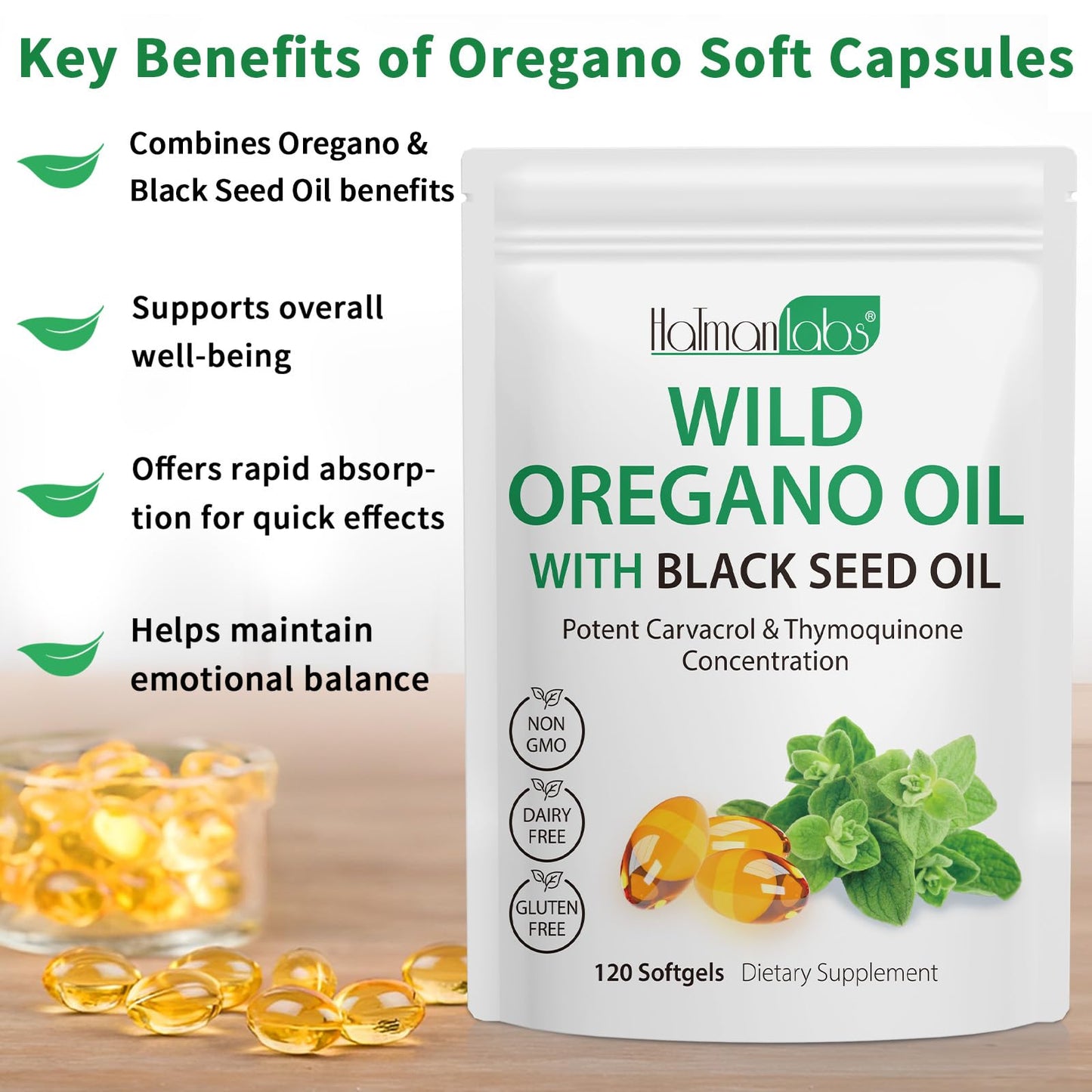 Oil of Oregano with Black Seed Oil - 6000mg Oregano Oil Capsules, Organic, Non-GMO, Gluten Free, 120 Softgels