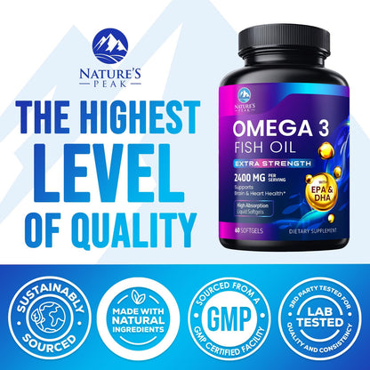 Omega-3 Fish Oil 2400 mg – Triple Strength EPA & DHA Softgels, Sustainably Sourced, 60 Softgels