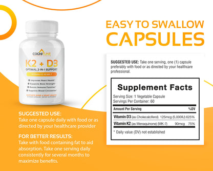 Vitamin D3 5000 IU + K2 MK7 - 60 Count | Immune, Heart & Bone Support
