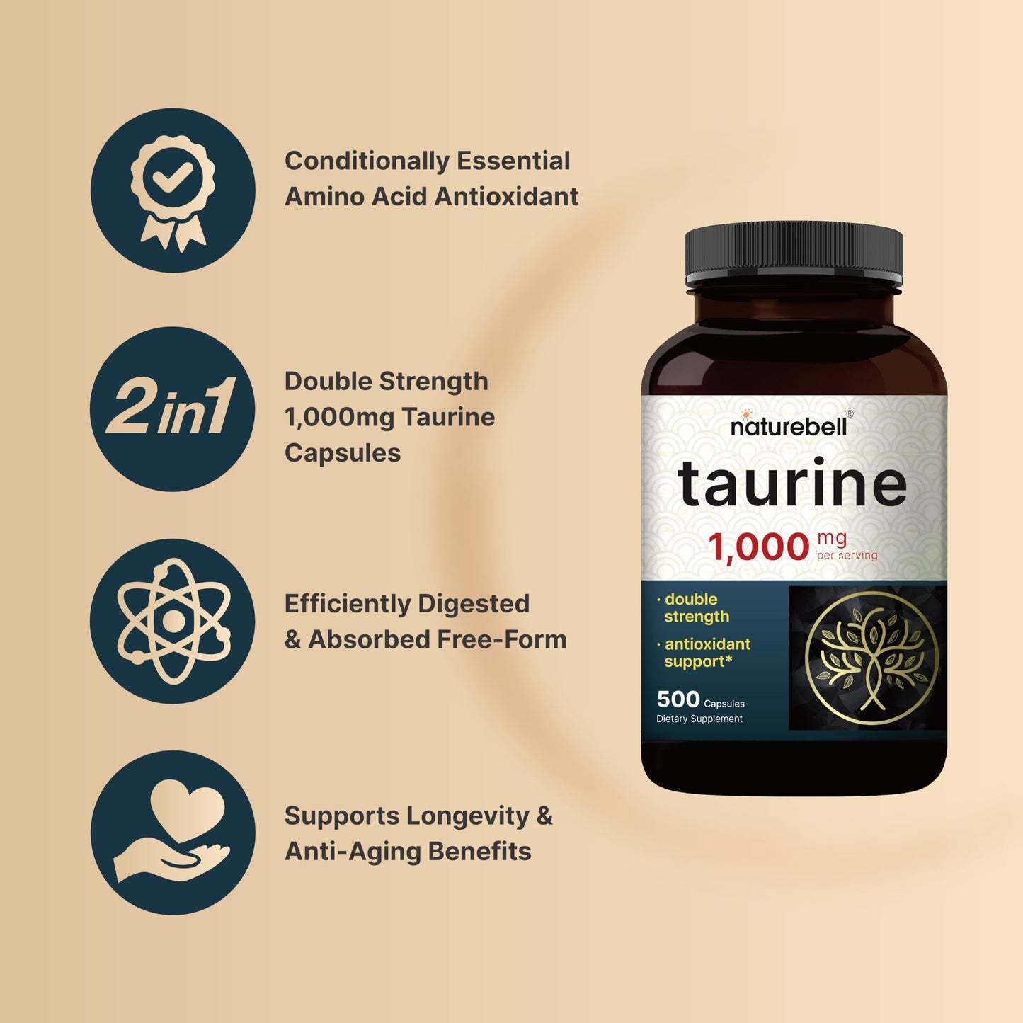 NatureBell Taurine 1,000mg – 500 Capsules | Double Strength Taurine Supplement – Non-GMO & Gluten Free