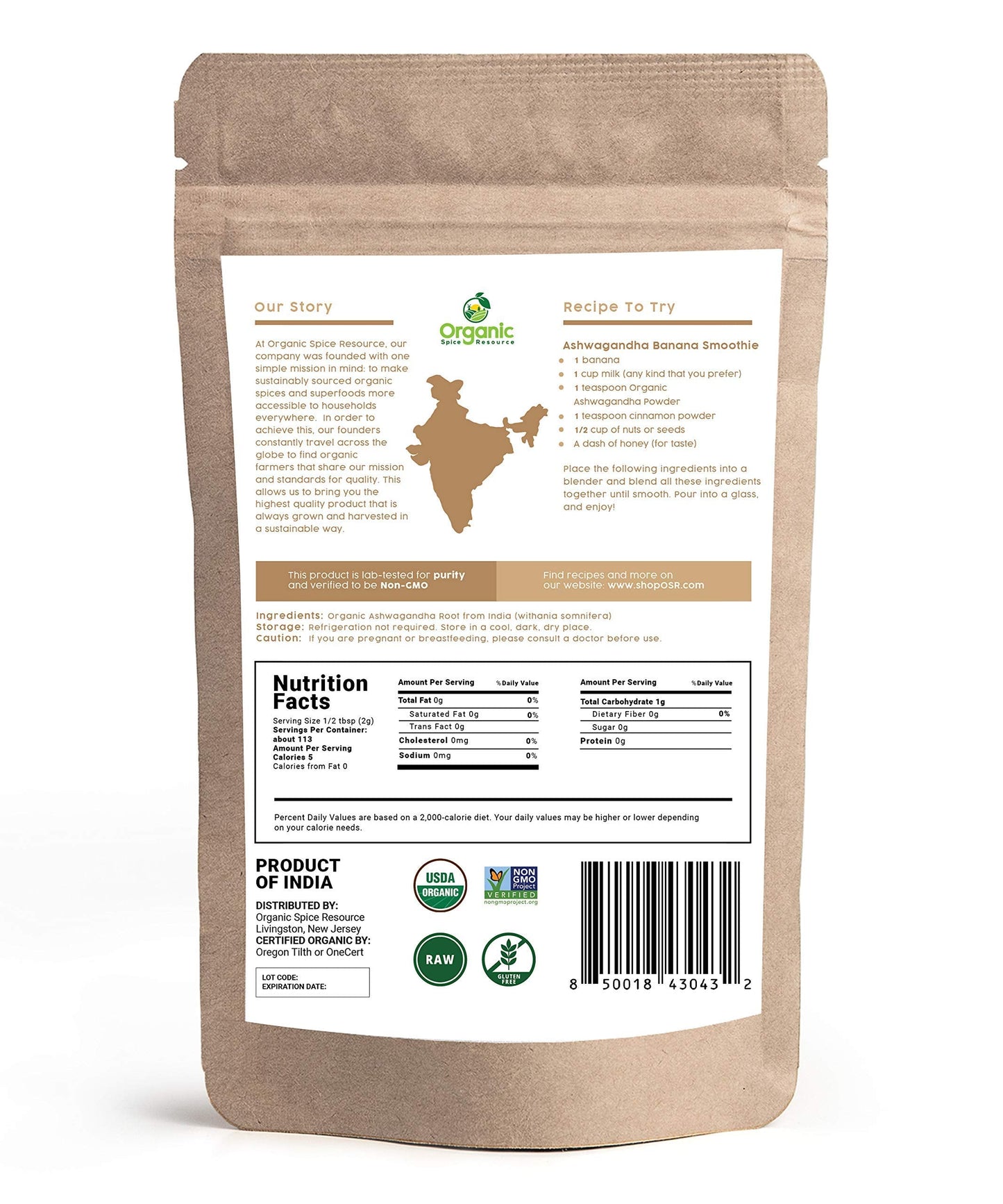 Organic Ashwagandha Root Powder - 8 oz | Lab Tested for Purity | Non-GMO | Resealable Kraft Bag | Withania Somnifera - Indian Ginseng | SHOPOSR
