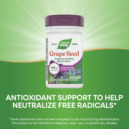 Nature's Way Grape Seed Standardized Extract – Supports Healthy Skin and Veins, Antioxidant Support, Non-GMO, Vegan, 30 Capsules