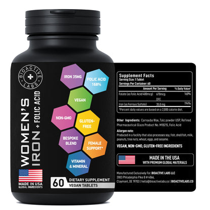 Vegan Iron for Women with Folic Acid | 194% Iron, 168% Folate | Gluten-Free